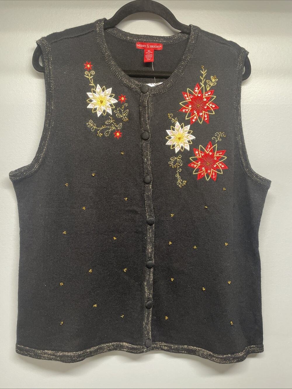 NEW Merry & Bright Womens XL Button Front Vest Black Christmas Floral Embroidery